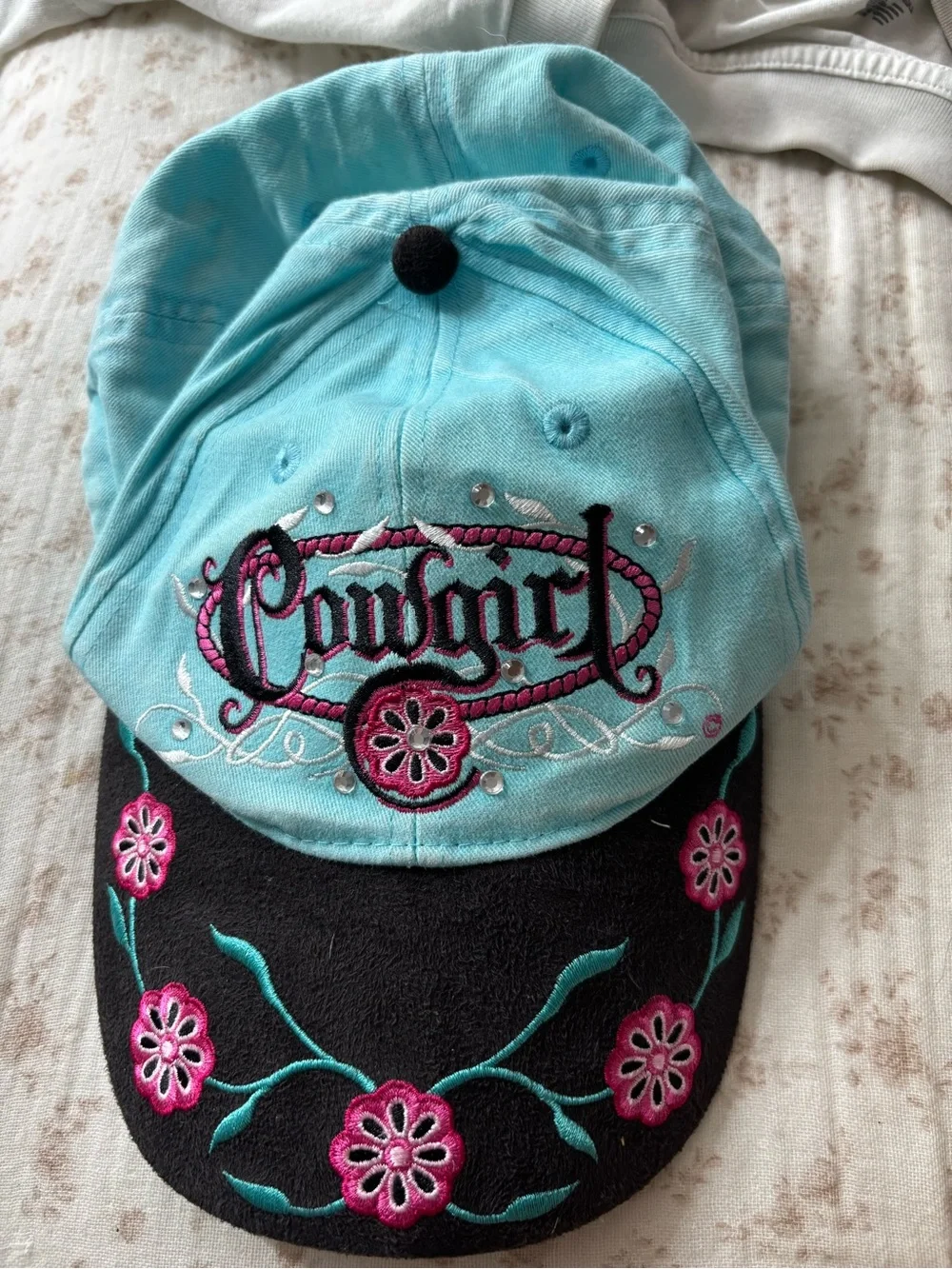Justin Boots Pink Mesh and Denim Cap with Crystal Brim. Cowgirl Blue and Black.